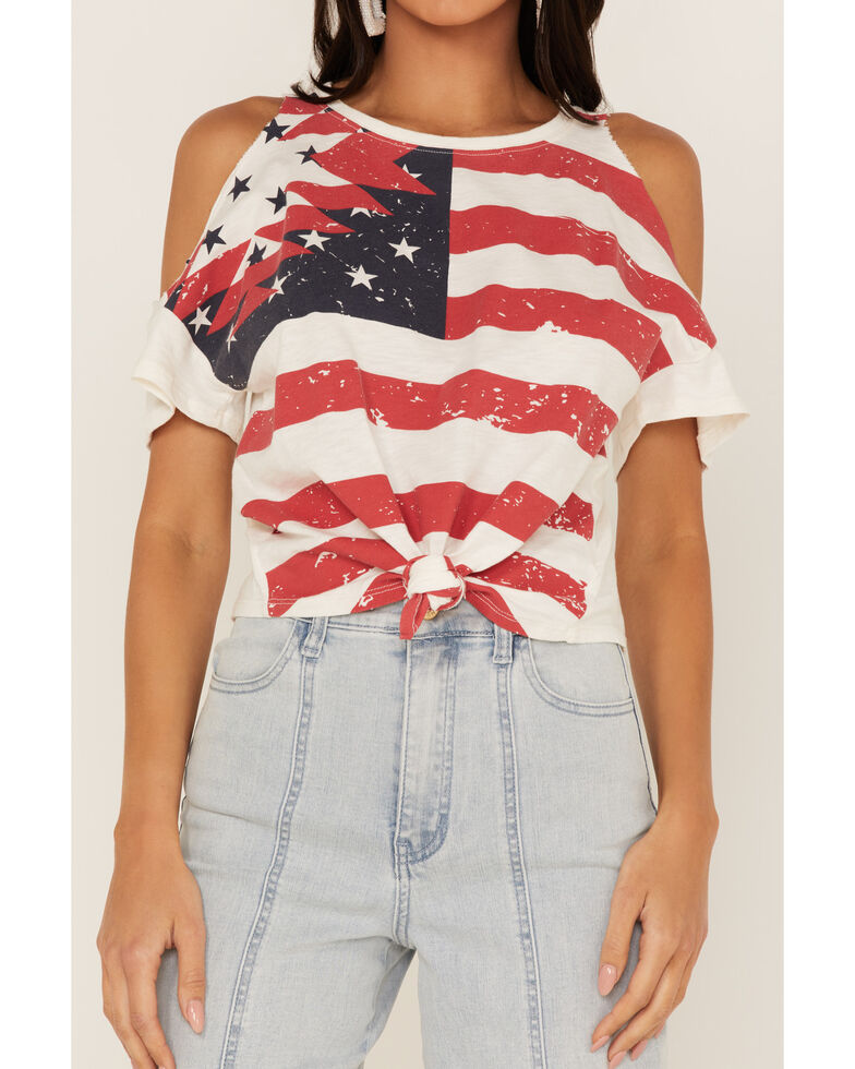 Shyanne Women's Americana Southwestern Flag Cold Shoulder Graphic Tee, Ivory, hi-res