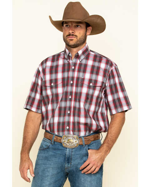Roper Men's Amarillo Plaid Print Short Sleeve Western Shirt, Red, hi-res