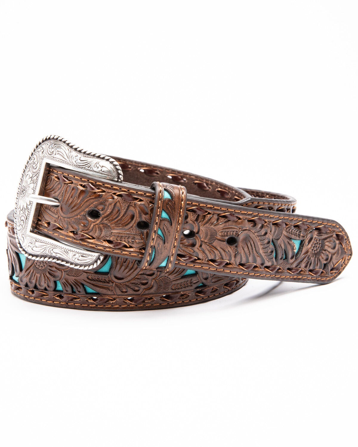 Nocona Men's Floral Embossed Overlay Belt, Tan, hi-res