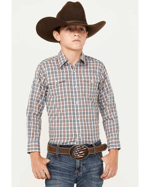 Image #1 - Wrangler Boys' Plaid Print Wrinkle Resistant Long Sleeve Pearl Snap Stretch Western Shirt, Brown, hi-res
