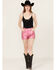 Image #1 - Blue B Women's Mid Rise Coated Rhinestone Fringe Shorts, Pink, hi-res