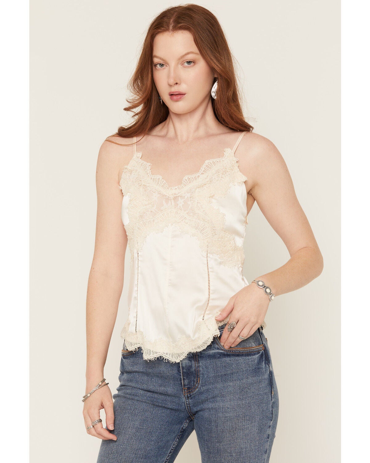Image #1 - Miss Me Women's Lace Trim Corset Cami, Cream, hi-res