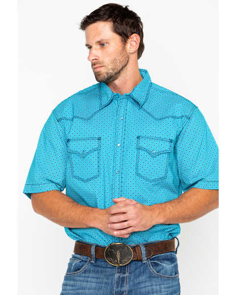 Image #1 - Wrangler 20X Men's Competition Geo Print Short Sleeve Snap Western Shirt, Turquoise, hi-res