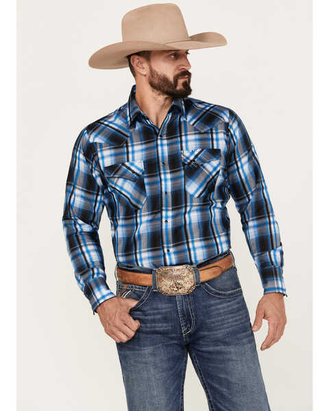 Ely Walker Men's Plaid Print Long Sleeve Snap Western Shirt , Royal Blue, hi-res