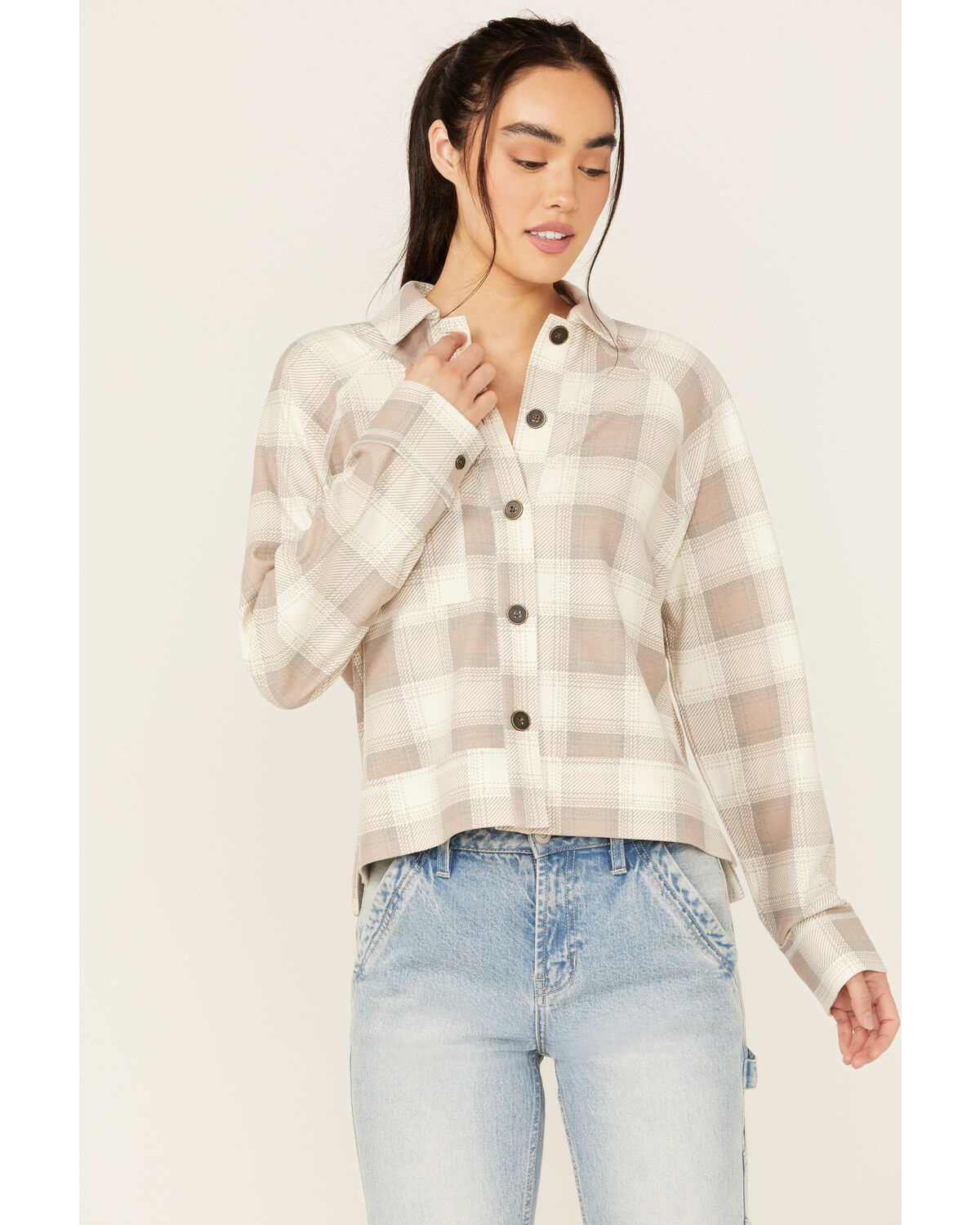 Image #1 - Cleo + Wolf Women's Anthony Heathered Knit Long Sleeve Cropped Shacket, Bark, hi-res