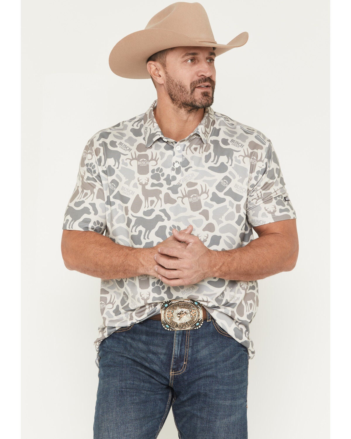 Image #1 - Buckwear Men's Busch Outdoors Short Sleeve Stretch Polo, Camouflage, hi-res