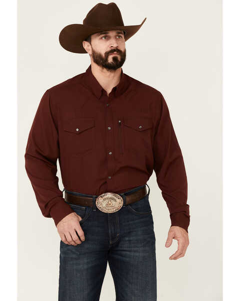 Image #1 - RANK 45® Men's Roughie Performance Long Sleeve Snap Solid Western Shirt , Burgundy, hi-res