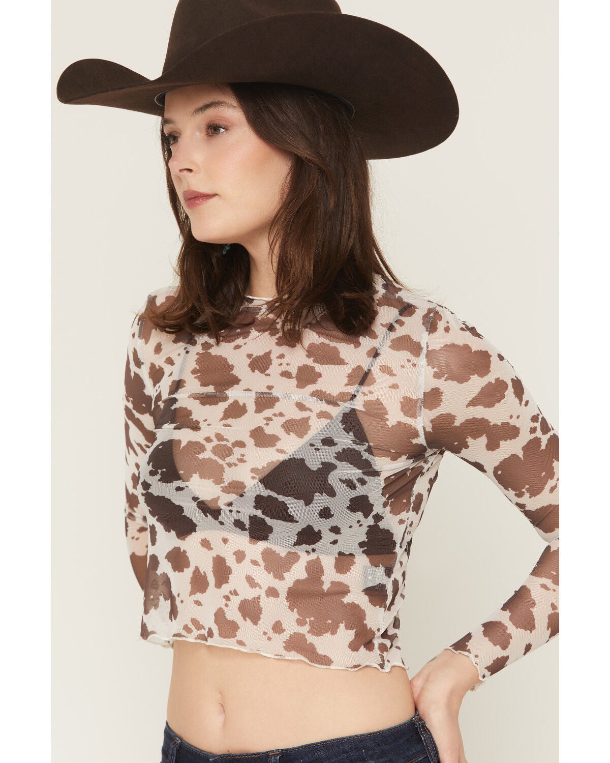 Image #2 - Rock & Roll Denim Women's Cow Print Long Sleeve Mesh Top, Brown, hi-res