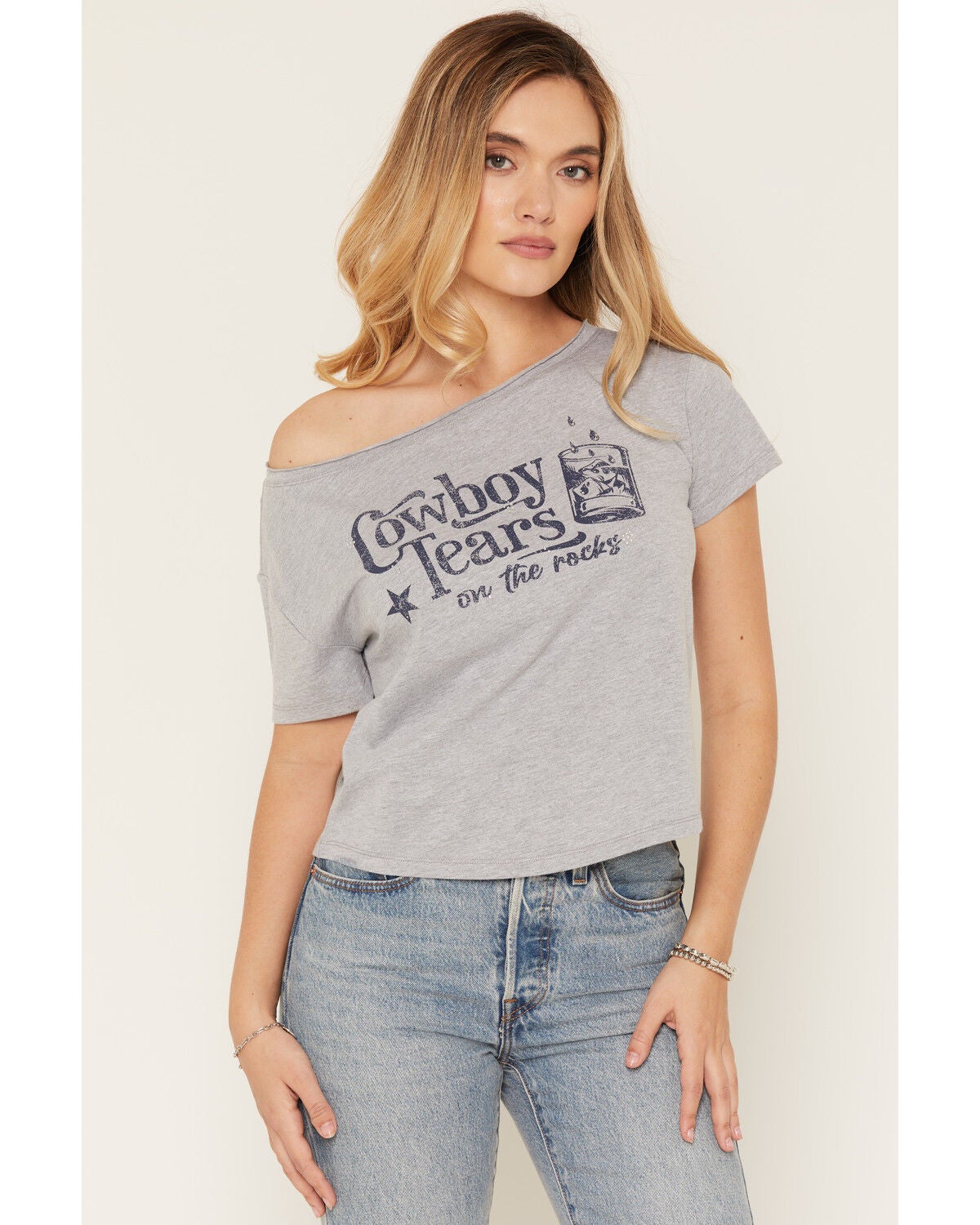 Youth in Revolt Women's Cowboy Tears Off The Shoulder Short Sleeve Graphic Tee, Grey, hi-res