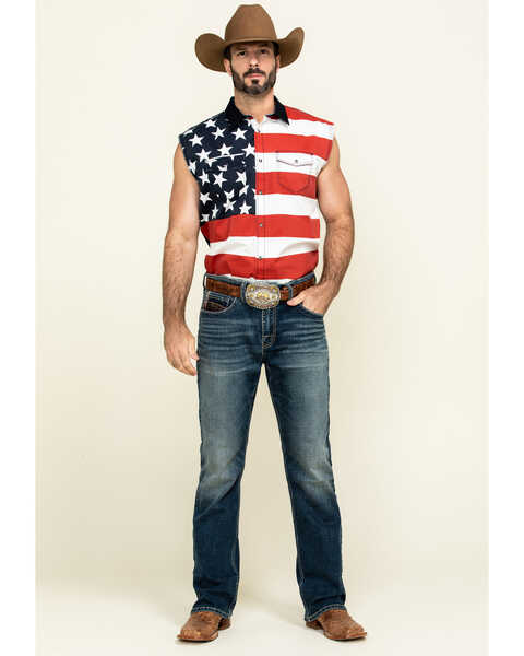 Cody James Men's American Flag Bubba Sleeveless Western Shirt , Red, hi-res