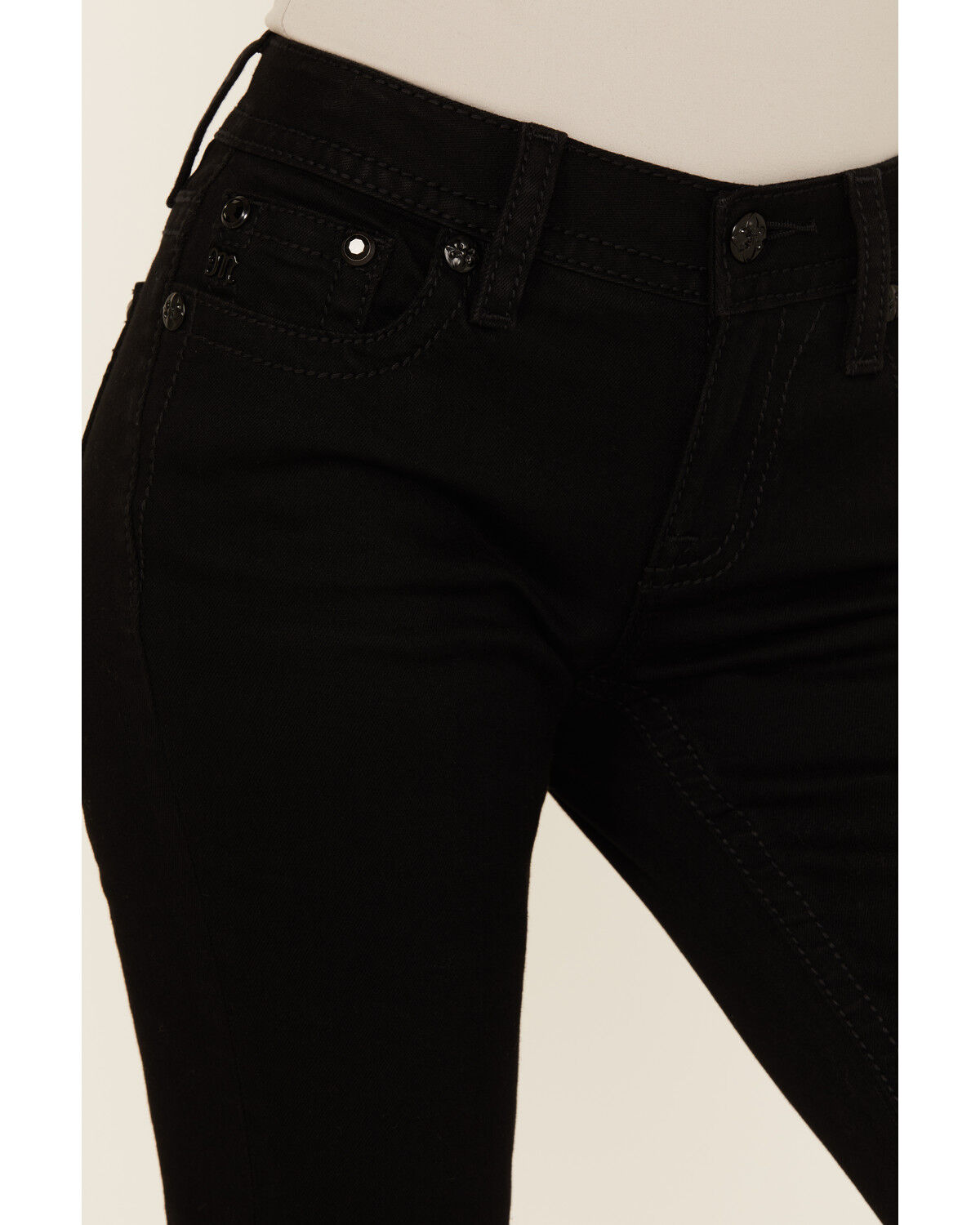 Image #4 - Miss Me Women's Mid Rise Cross Pocket Bootcut Stretch Denim Jeans, Black, hi-res