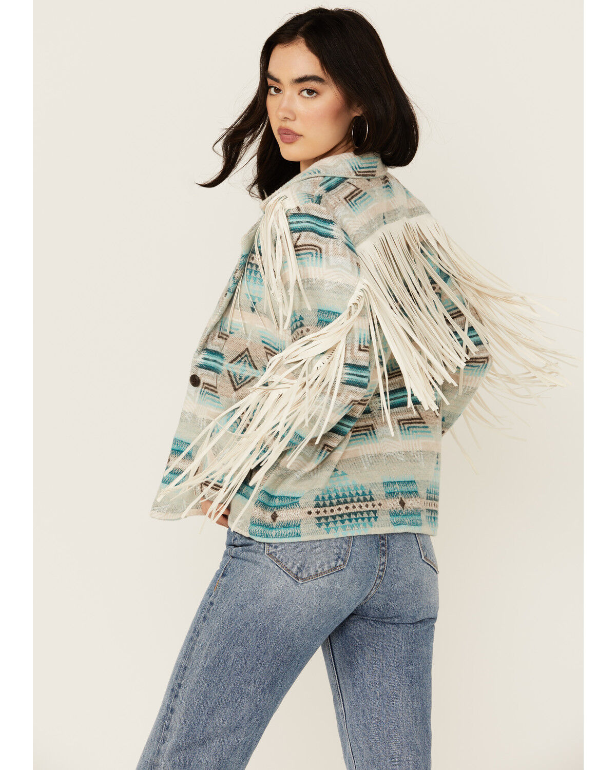 Image #4 - Rock & Roll Denim Women's Southwestern Print Fringe Jacket, Blue, hi-res