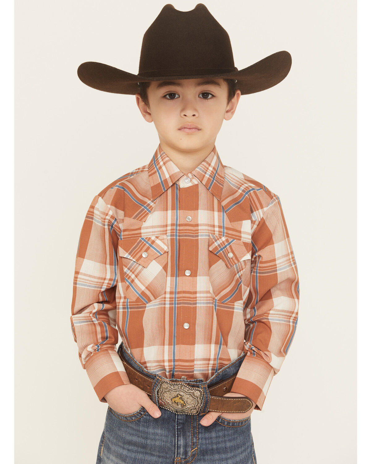 Image #1 - Ely Walker Boys' Plaid Print Long Sleeve Snap Western Shirt, Orange, hi-res