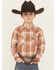 Image #1 - Ely Walker Boys' Plaid Print Long Sleeve Snap Western Shirt, Orange, hi-res