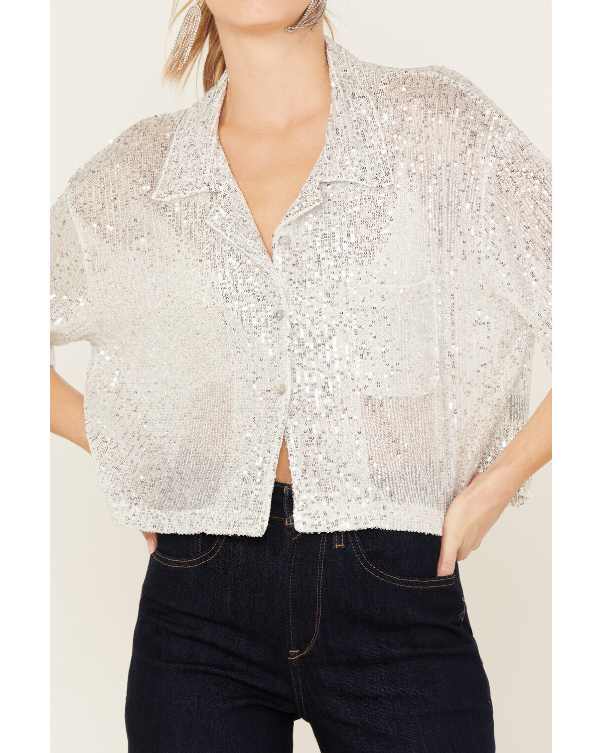 Image #3 - POL Women's Sequin Button Up Top, , hi-res