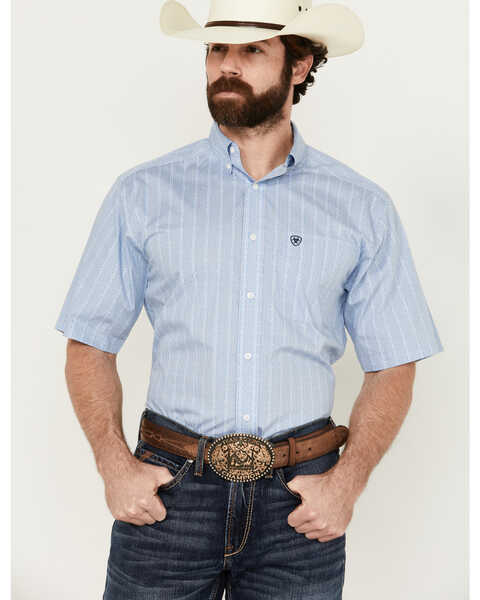 Ariat Men's Welburn Striped Short Sleeve Button-Down Western Shirt , Light Blue, hi-res