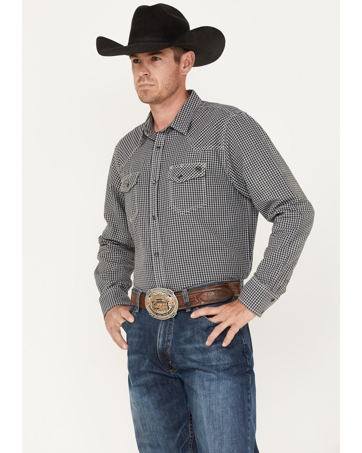 Image #2 - Blue Ranchwear Men's Gingham Print Pearl Snap Western Shirt, Charcoal, hi-res