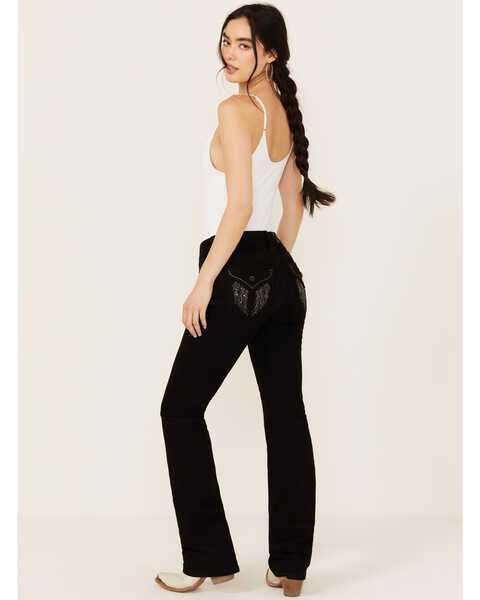 Miss Me Women's Mid Rise Wing Pocket Bootcut Stretch Denim Jeans , Black, hi-res
