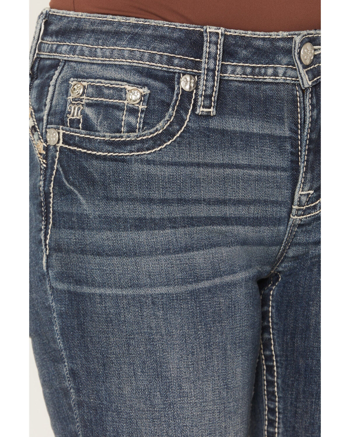 Image #4 - Miss Me Women's Medium Wash Mid Rise Wing Pocket 32" Bootcut Stretch Denim Jeans, Medium Wash, hi-res