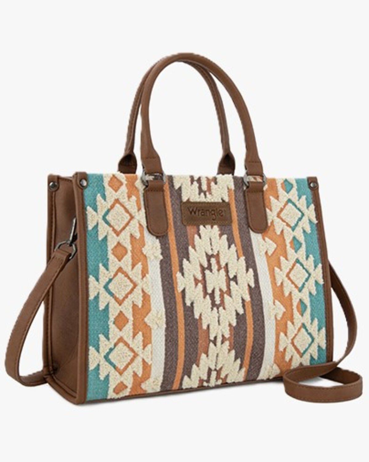 Wrangler Women's Sherpa Southwestern Print Canvas Crossbody Tote, Brown, hi-res