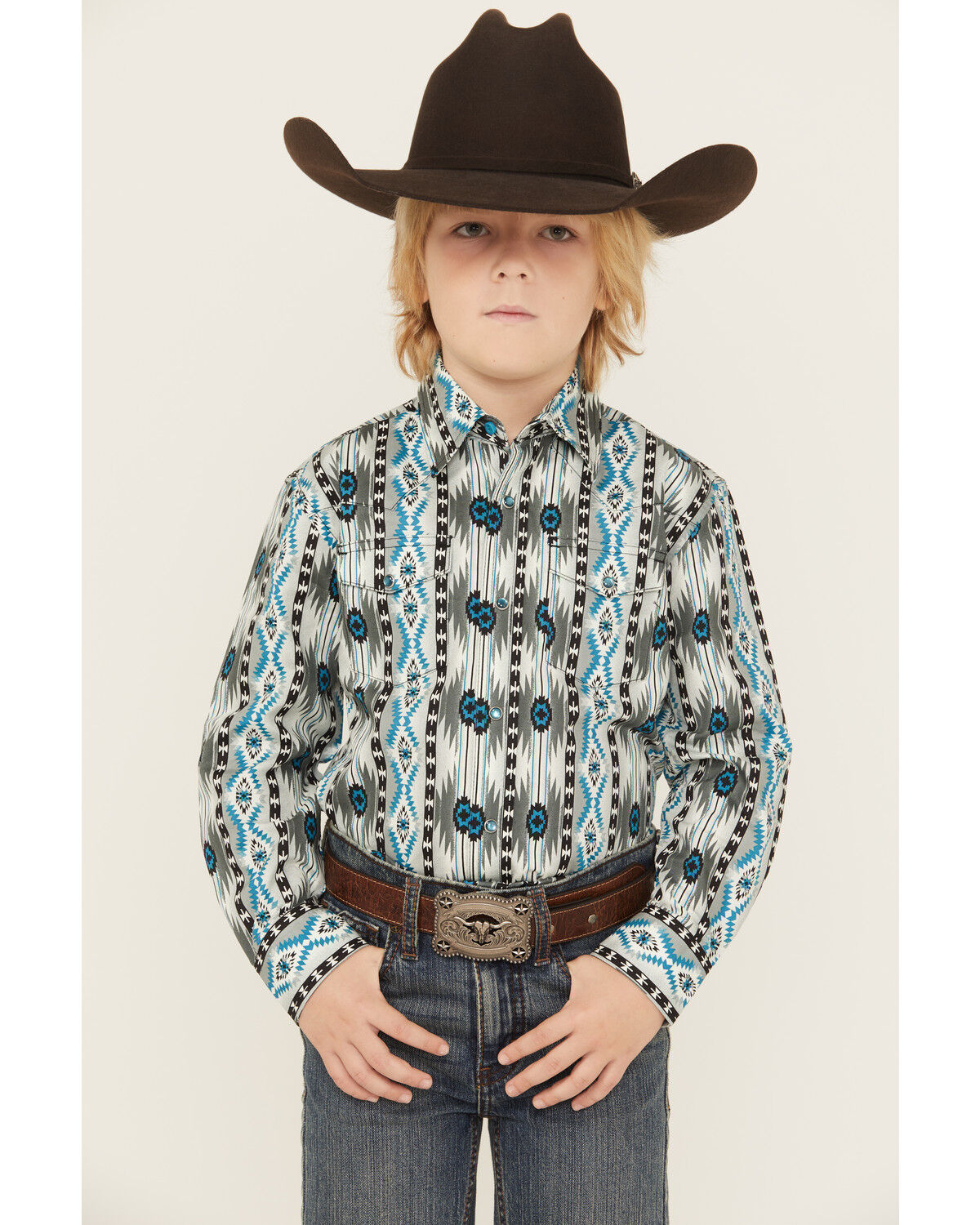 Image #1 - Wrangler Boys' Checotah Southwestern Print Long Sleeve Snap Western Shirt, Grey, hi-res