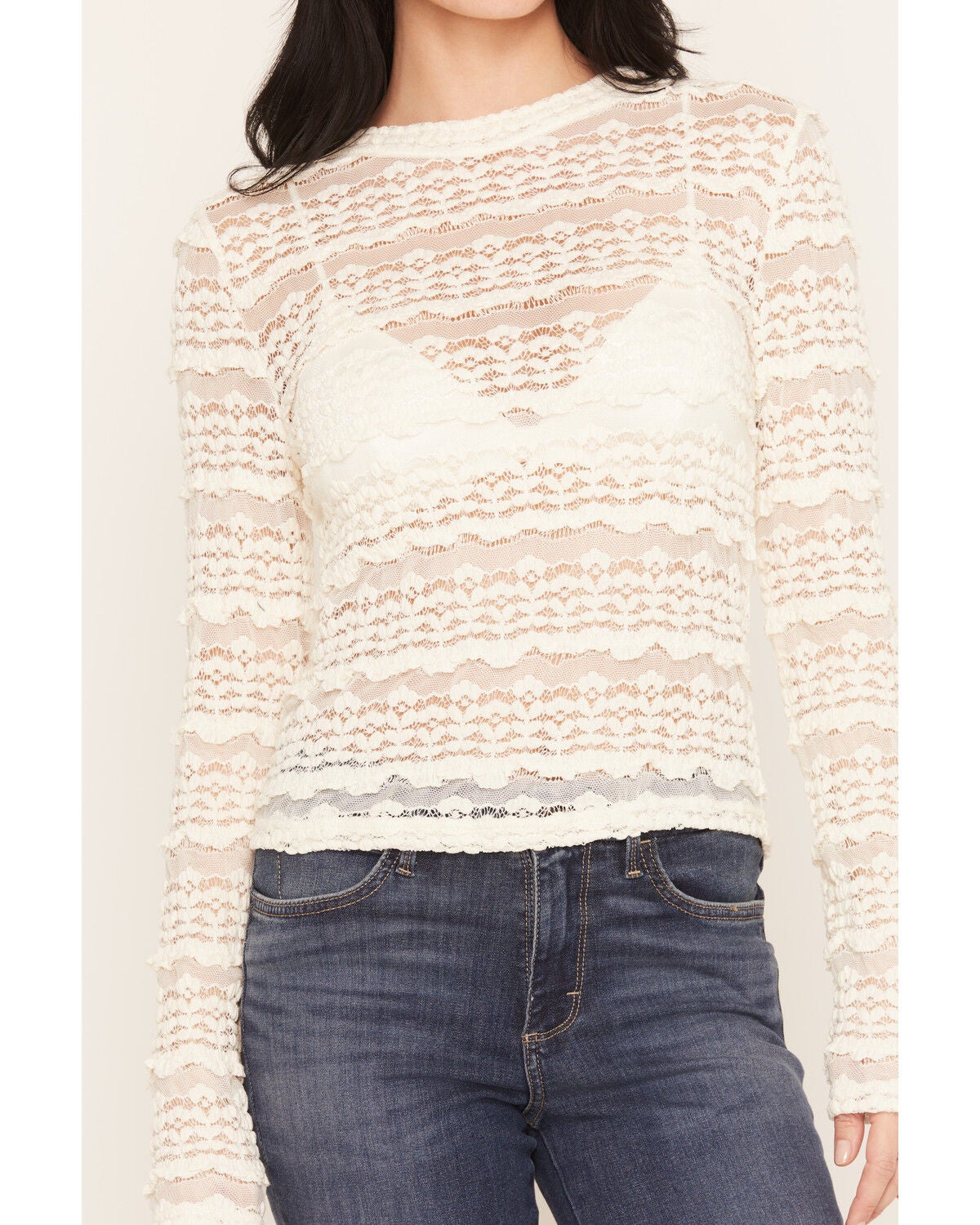 Image #3 - Rock & Roll Denim Women's Lace Ruffle Long Sleeve Top, Cream, hi-res