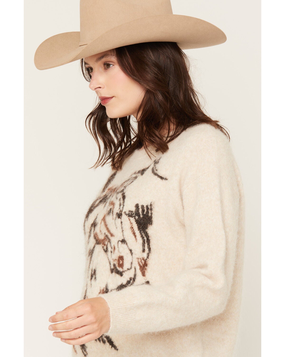 Image #2 - Shyanne Women's Sparks Fuzzy Horse Icon Sweater, Khaki, hi-res