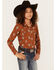 Image #1 - Roper Girls' Steer Head Skull Print Long Sleeve Pearl Snap Western Shirt, Brown, hi-res