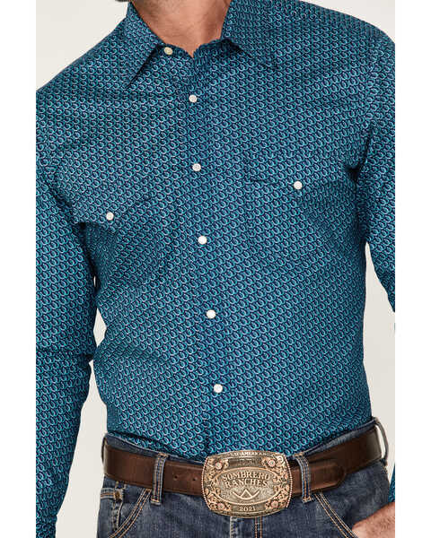 Image #3 - Rock & Roll Denim Men's All-Over Horseshoe Print Long Sleeve Snap Western Shirt , Turquoise, hi-res