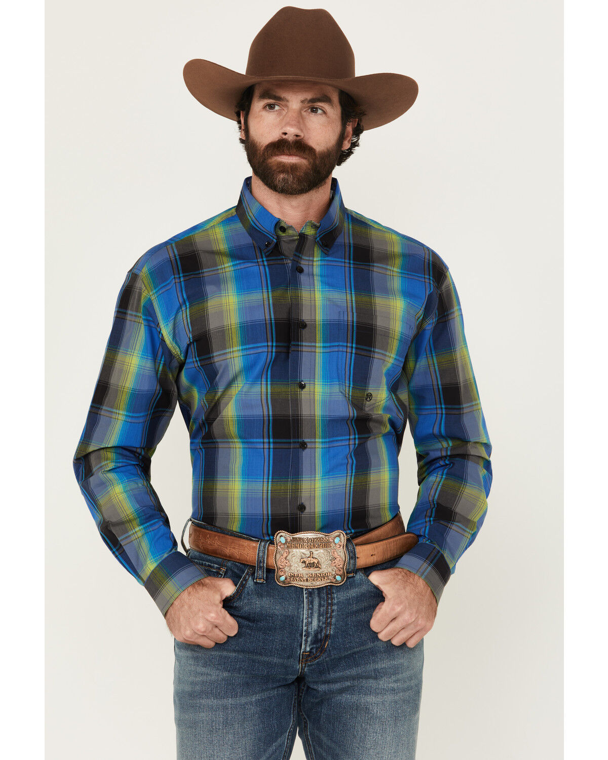 Image #1 - Roper Men's Amarillo Plaid Print Long Sleeve Button-Down Western Shirt, Blue, hi-res