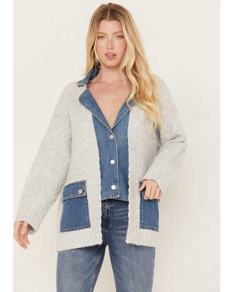 Colortree Women's Denim Sweater Cardigan, Grey, hi-res