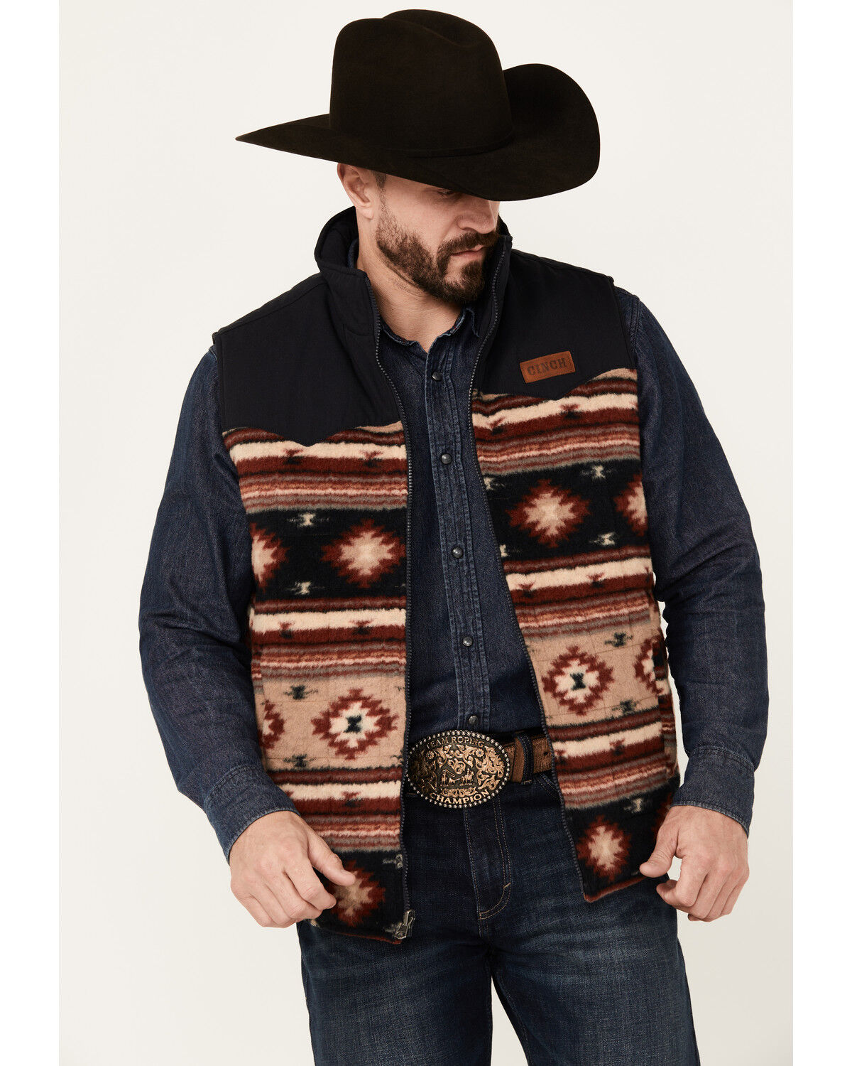 Image #1 - Cinch Men's Reversible Southwestern Print Quilted Vest, Khaki, hi-res