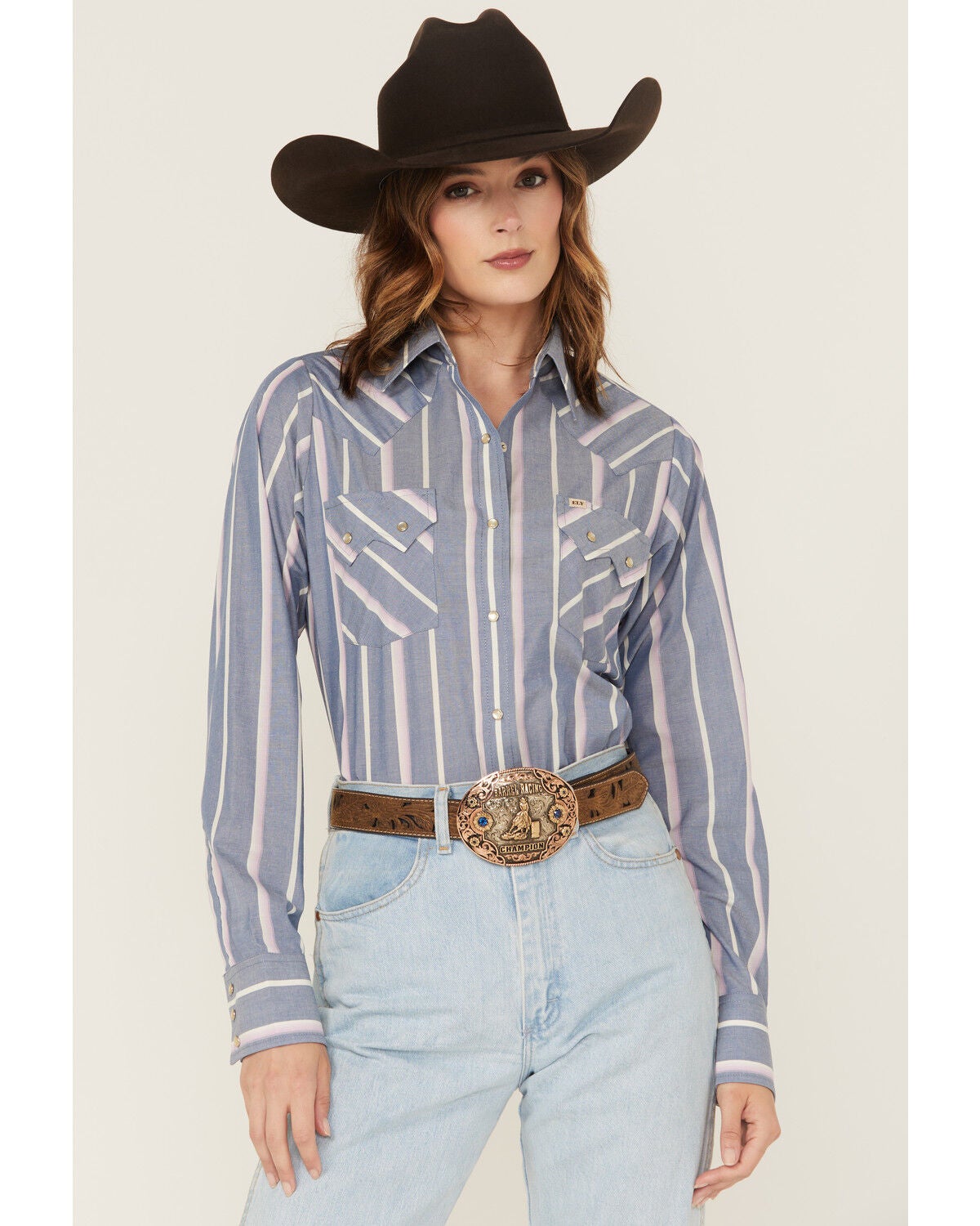 Cowboygirl by Jenna Paulette Women's Striped Long Sleeve Pearl Snap Western Shirt, Blue, hi-res