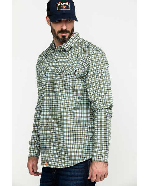 Cody James Men's FR Woven Plaid Print Long Sleeve Button Down Work Shirt , Green, hi-res