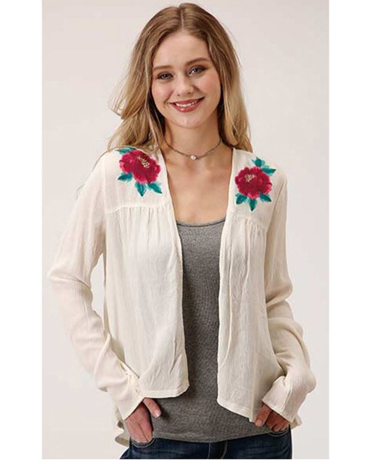 Image #1 - Roper Women's White Floral Embroidered Knit Cardigan, Ivory, hi-res