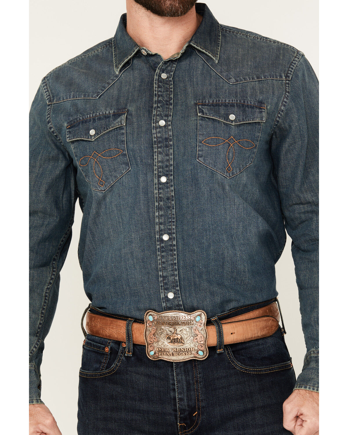 Image #3 - Cody James Men's Medium Wash Denim Long Sleeve Pearl Snap Western Shirt - Tall, Medium Wash, hi-res