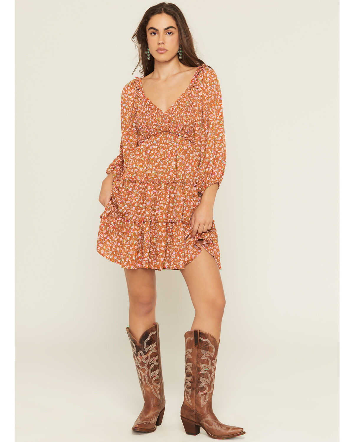 Image #1 - Yura Women's Floral Print Long Sleeve Smocked Mini Dress, Rust Copper, hi-res