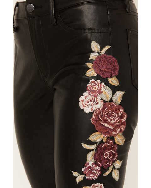 Image #2 - Driftwood Women's High Rise Vegan Leather Fallen Roses Flare Pants, Black, hi-res