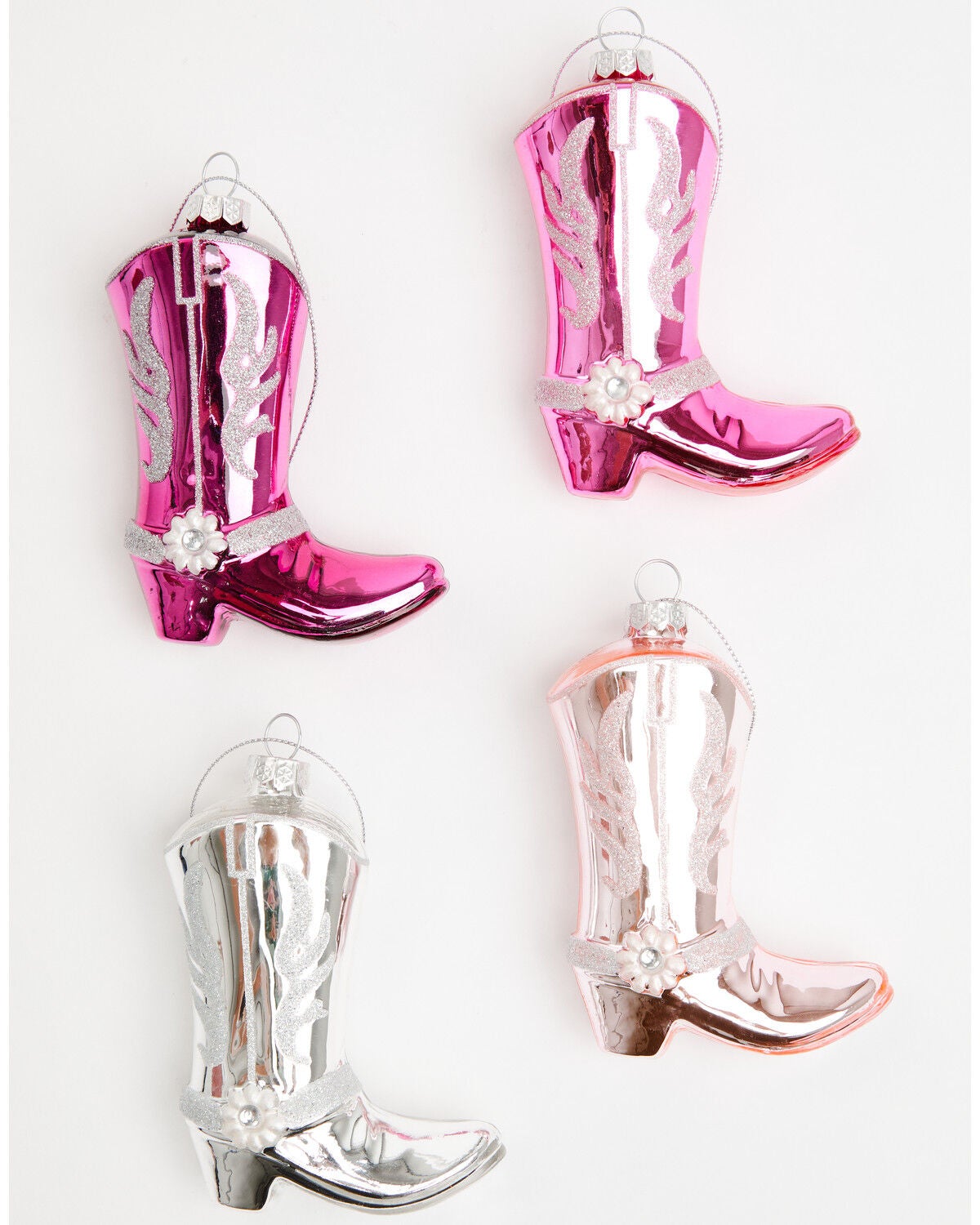 Image #1 - Boot Barn Cowboy Boots Glass Christmas Ornament Set - 4 Piece, Pink, hi-res