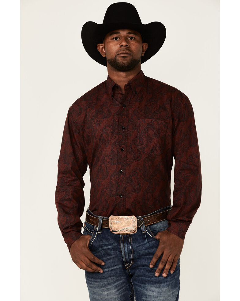 Roper Men's Wine Oakleaf Paisley Print Long Sleeve Button-Down Western Shirt , Wine, hi-res