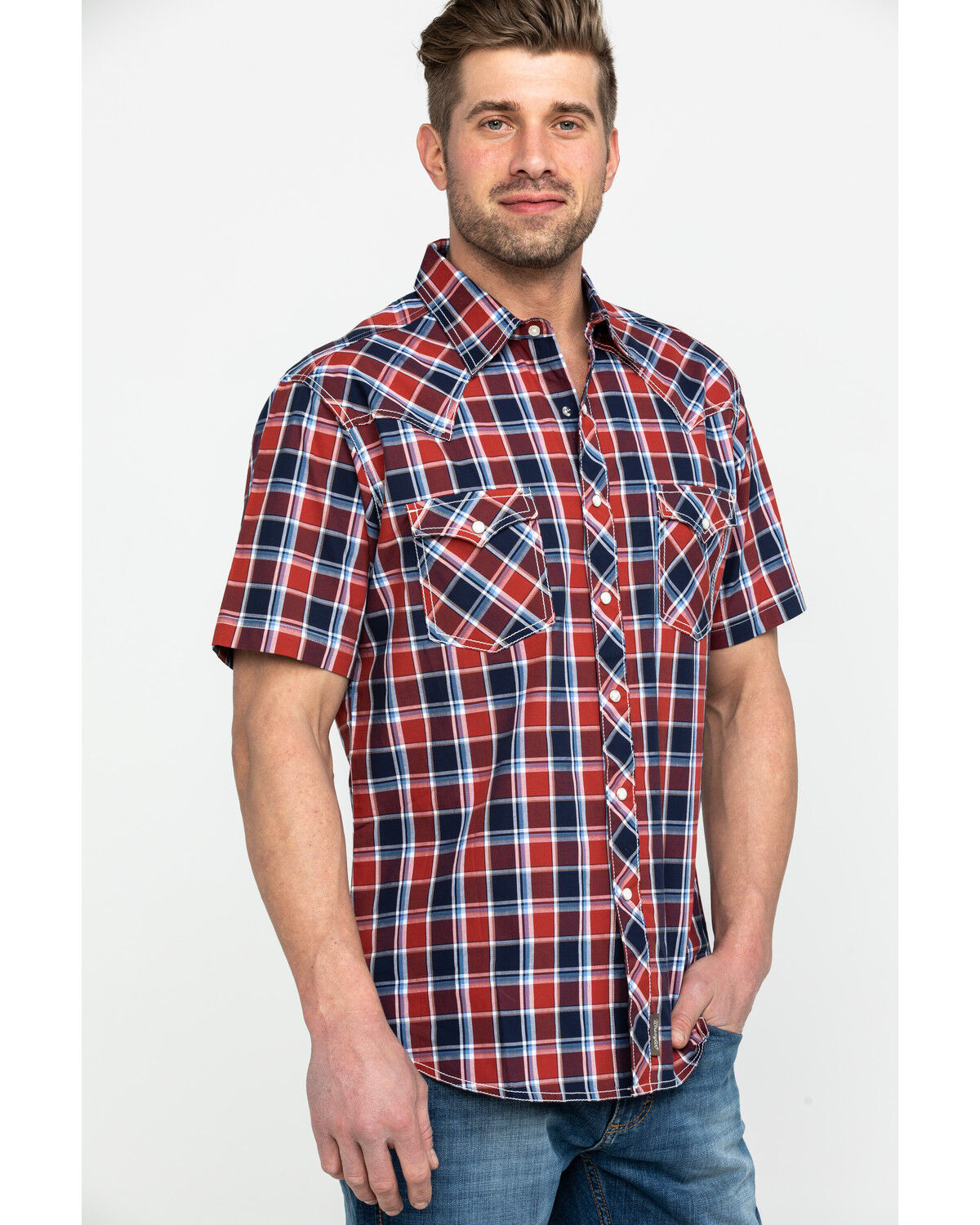Image #3 - Wrangler Retro Men's Premium Plaid Print Short Sleeve Western Shirt, Navy, hi-res
