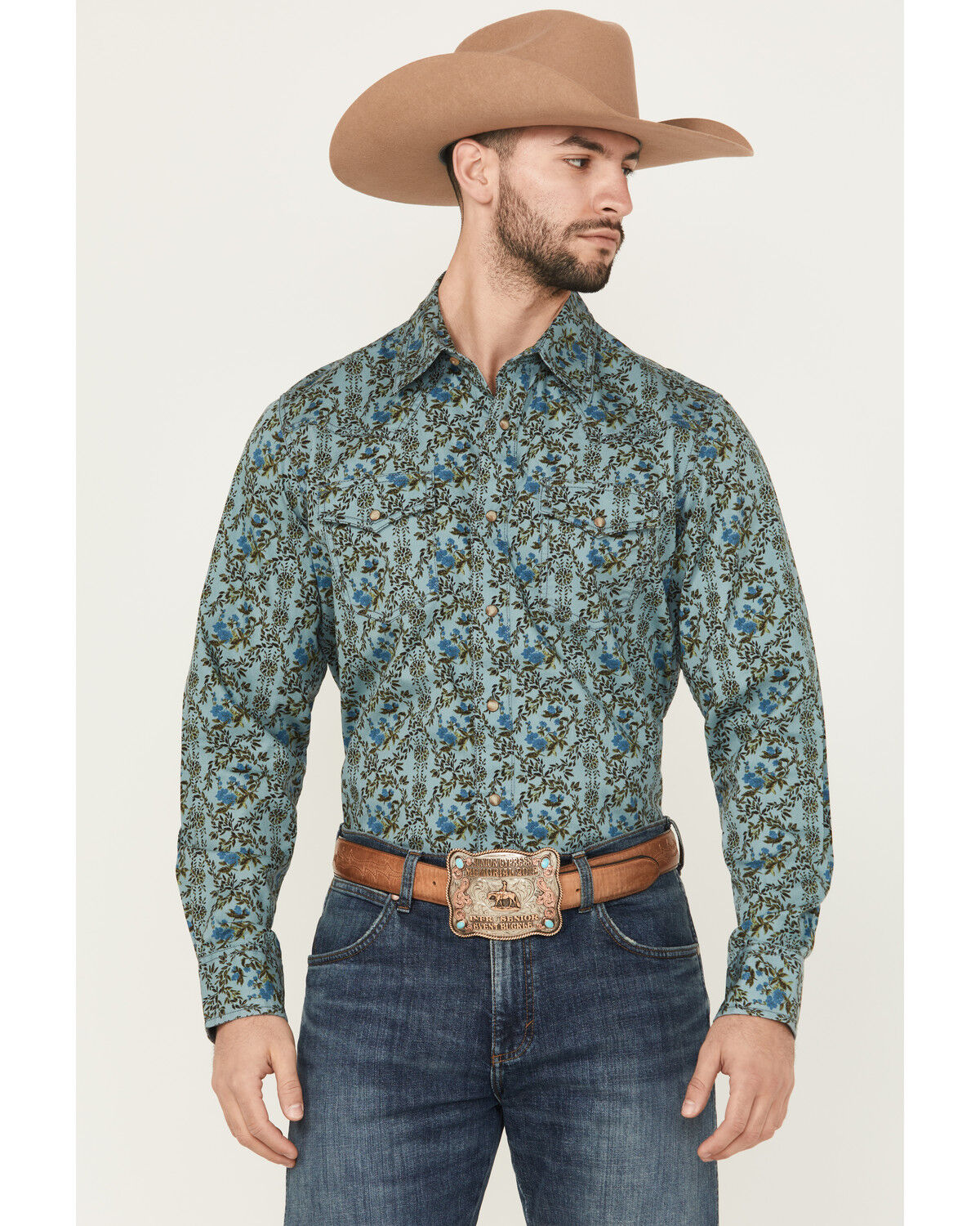 Image #1 - Wrangler Retro Men's Floral Print Long Sleeve Snap Western Shirt, Blue, hi-res