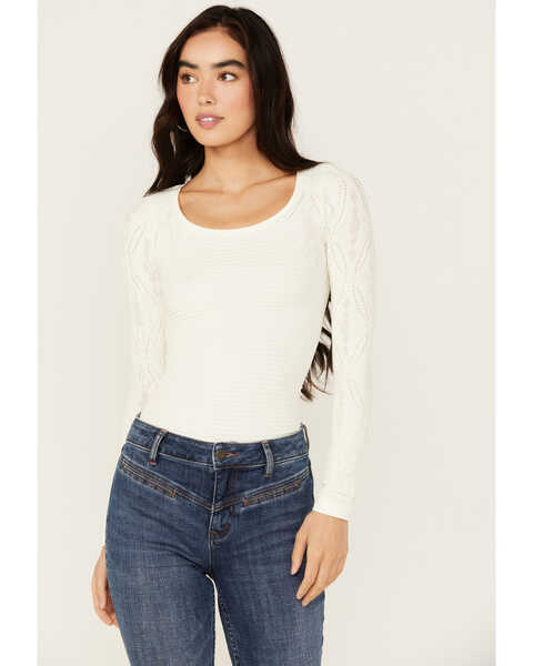 Fornia Women's Jacquard Long Sleeve Knit Top , Ivory, hi-res
