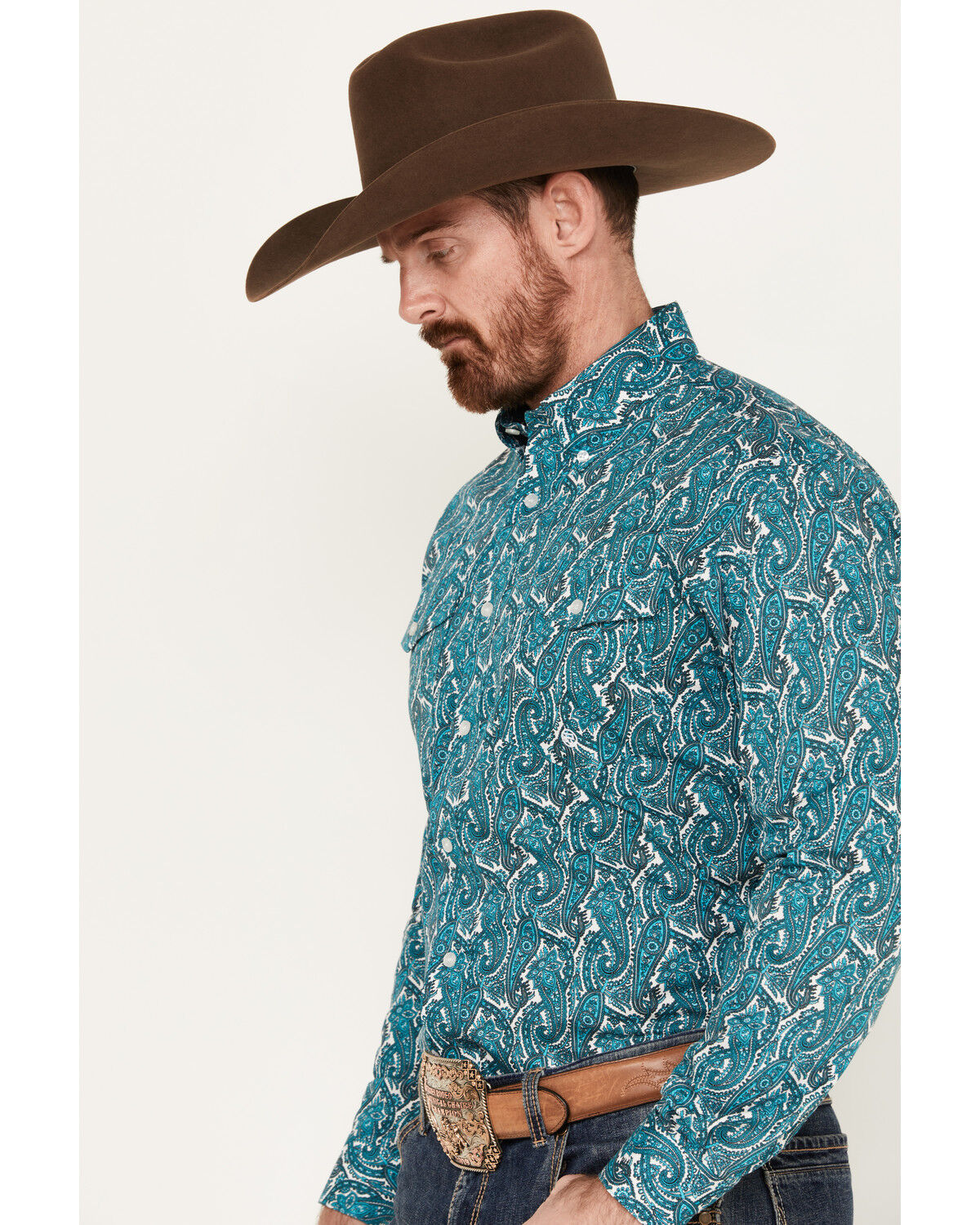 Image #2 - Roper Men's Amarillo Paisley Print Long Sleeve Button-Down Western Shirt, Teal, hi-res