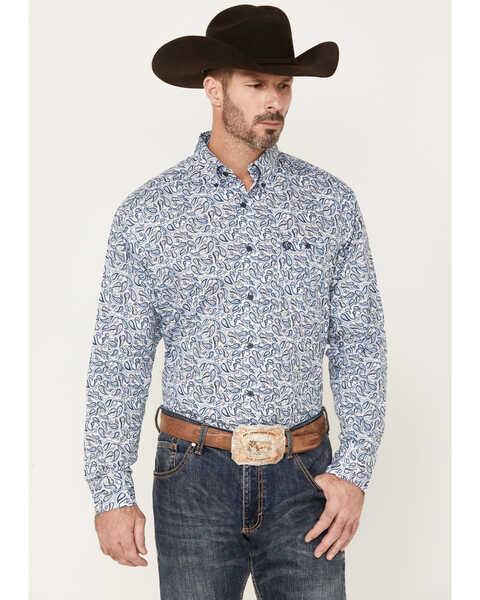 George Strait by Wrangler Paisley Print Long Sleeve Button-Down Western Shirt, Blue, hi-res