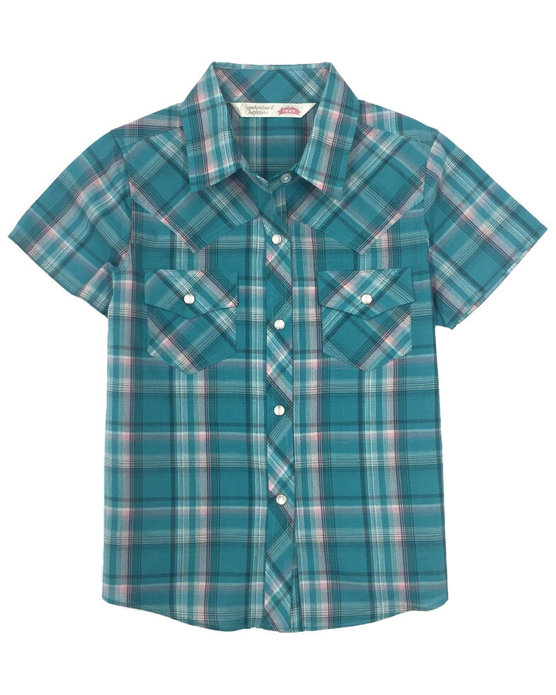 Cumberland Outfitters Toddler Girls' Turquoise Plaid Snap Short Sleeve Western Shirt, Turquoise, hi-res