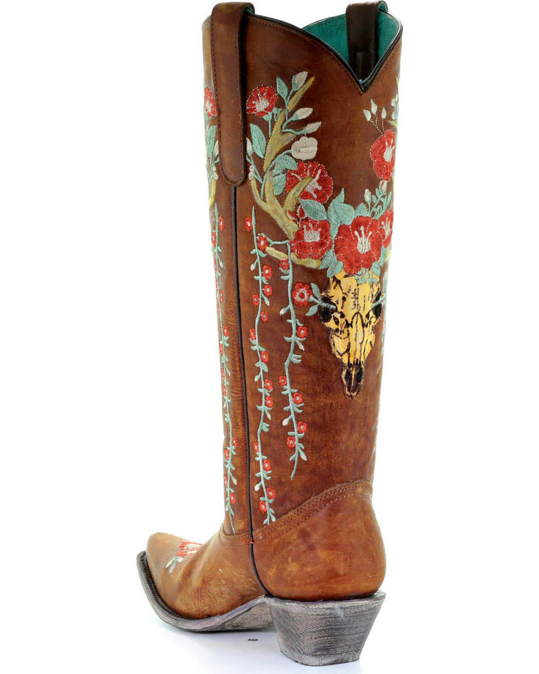 Corral Women's Deer Skull & Floral Embroidery Cowgirl Boots - Snip Toe, Tan, hi-res
