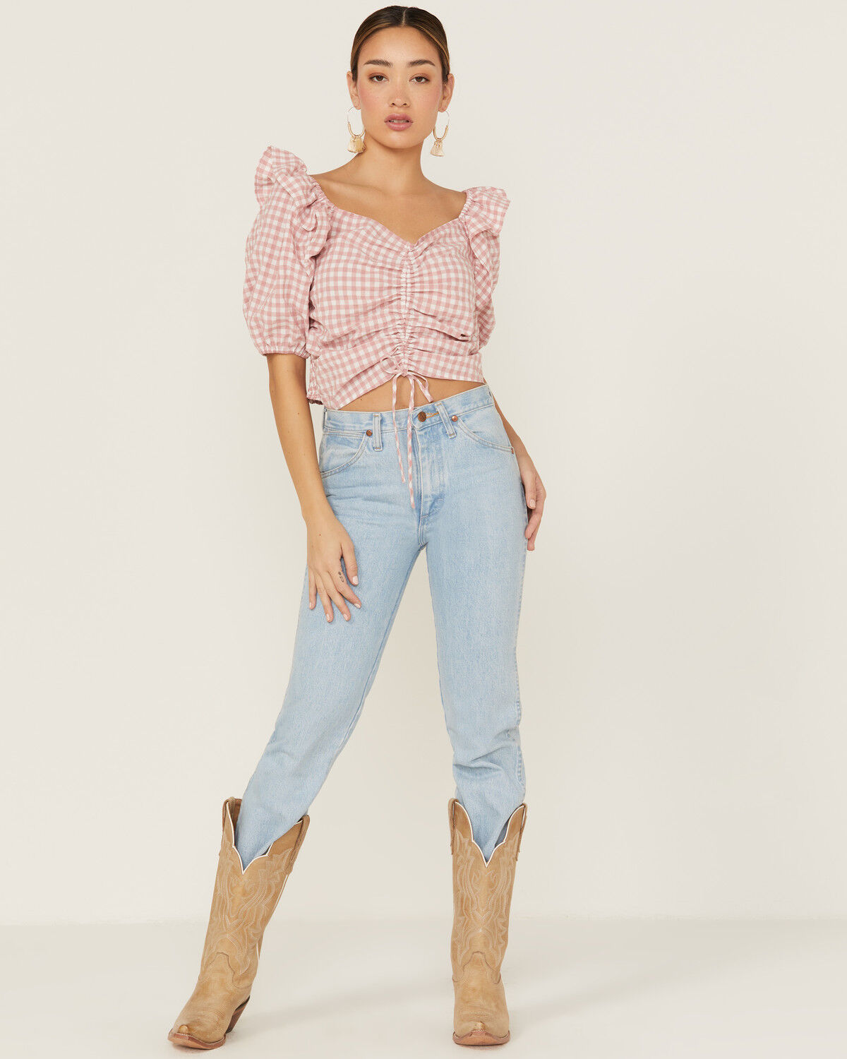 Image #4 - Beyond The Radar Women's Gingham Crop Cinch Detail Top, Blush, hi-res
