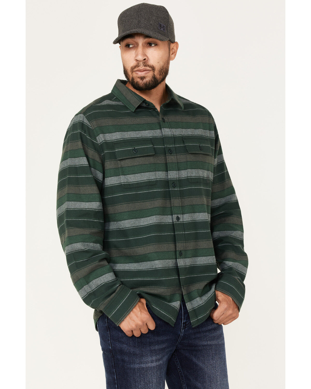 Image #2 - Brothers and Sons Men's Novelty Striped Long Sleeve Button Down Western Flannel Shirt, Forest Green, hi-res