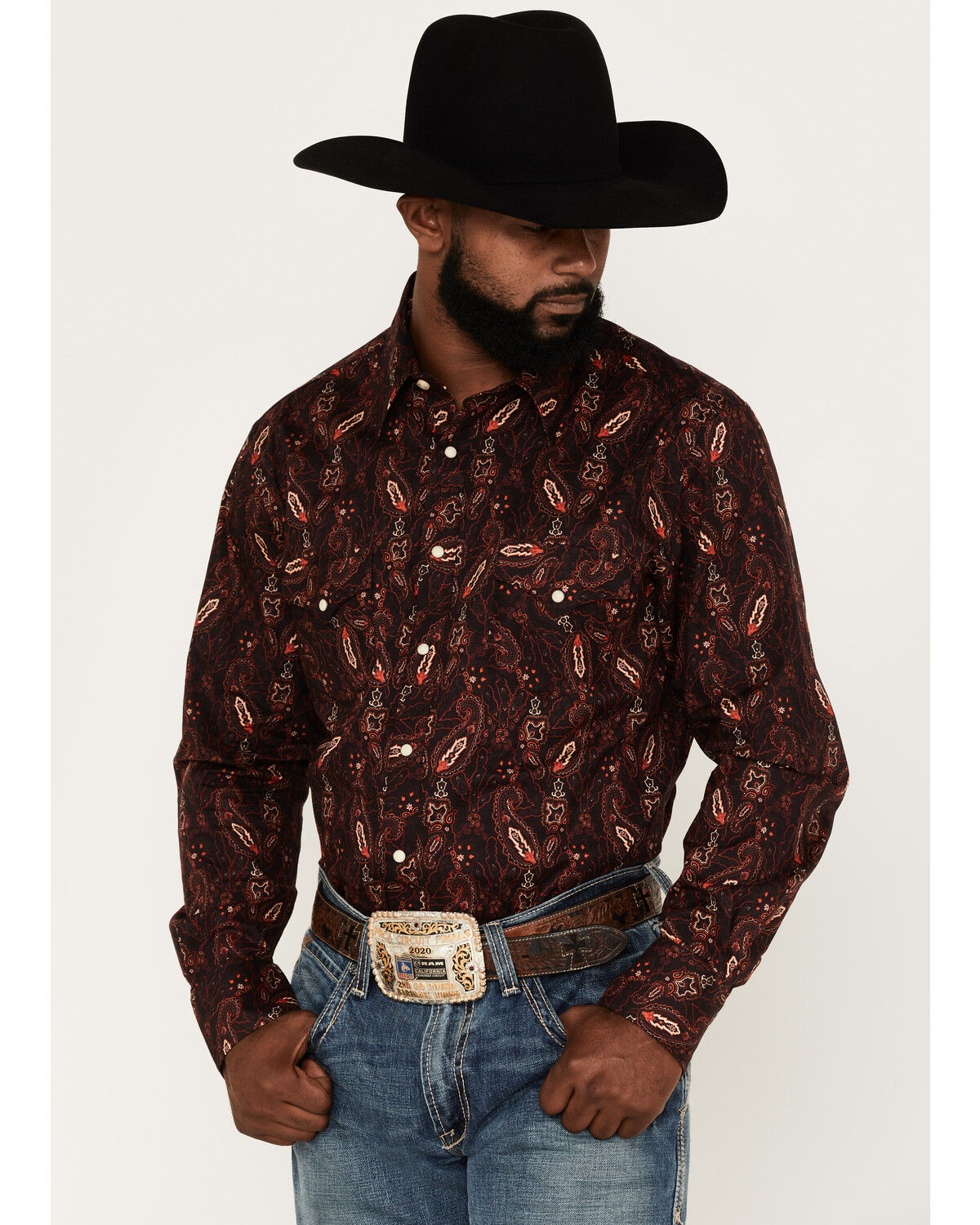 Image #1 - Rock & Roll Denim Paisley Stretch Long Sleeve Snap Shirt, Burgundy, hi-res